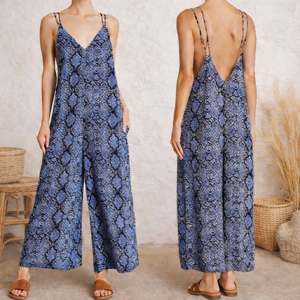 Free People Boho Wide Leg Jumpsuit Womens M Blue Low Back Festival Romper